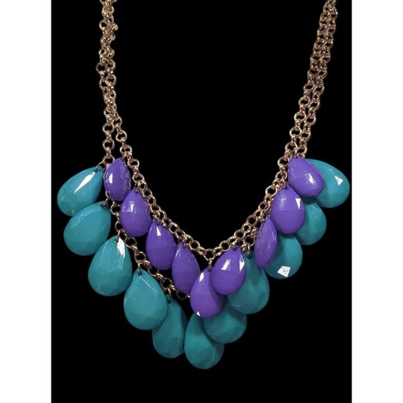 90s Themed Purple And Turquoise Gemmed Layered Fringe Necklace - Picture 4 of 6